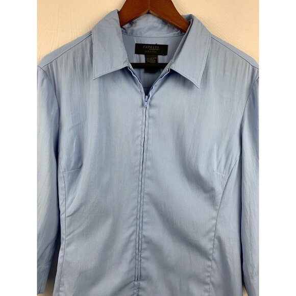 Express Womens Stretch 3/4 Sleeve Blue Zip-Up Collared Shirt - Picture 3 of 5